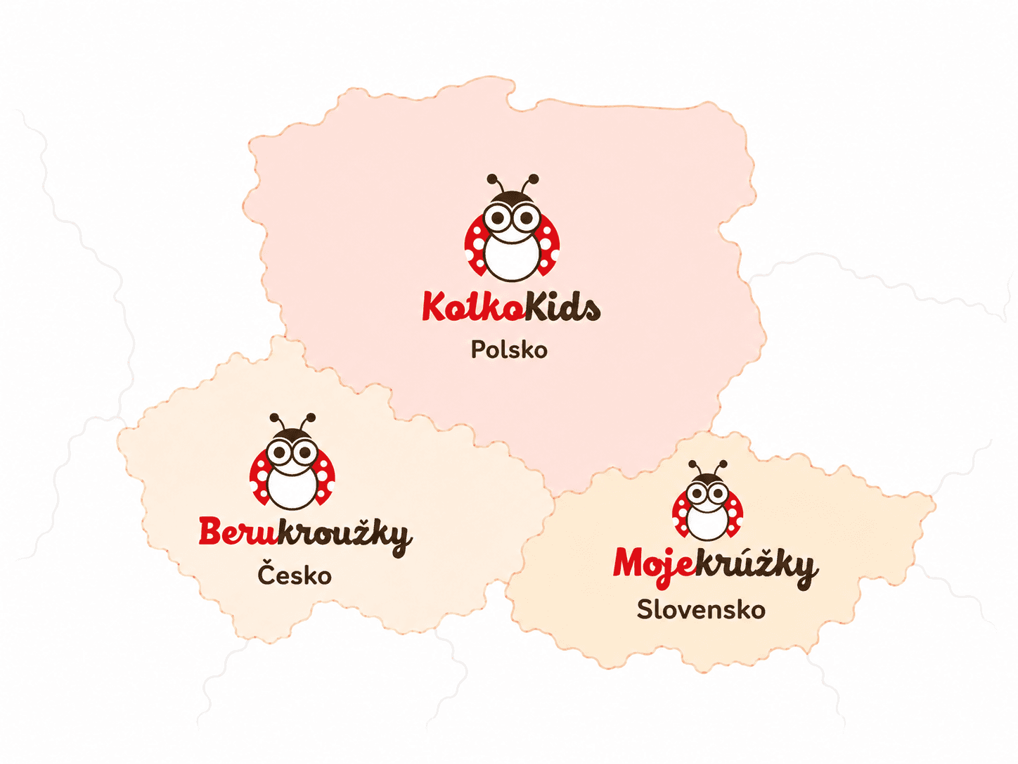 Mapa: Berukroužky w Czechach, Mojekrúžky na Słowacji i KółkoKids w Polsce